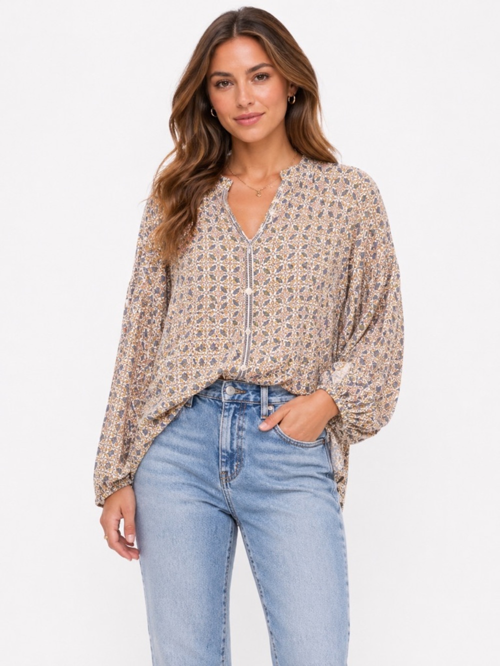 Max Studio Floral Print Peasant Blouse in Beige and Blue